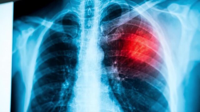 Chest x-ray scan showing lung infection with red highlight. Suitable for medicine, education, research, documentary, and presentation.