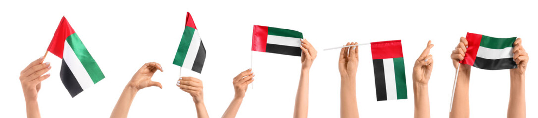 Fototapeta premium Hands holding United Arab Emirates flags on white background