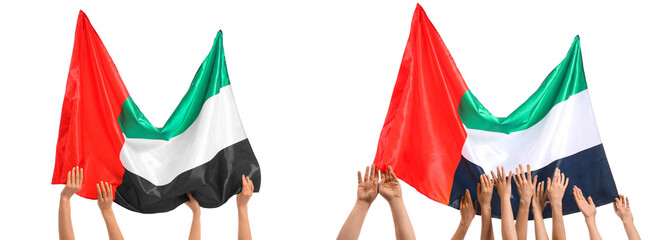 Fototapeta premium Hands holding United Arab Emirates flags on white background