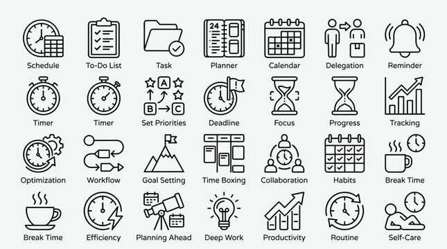 A collection of line icons representing time management productivity and planning tools including calendars clocks to-do lists and workflow diagrams.