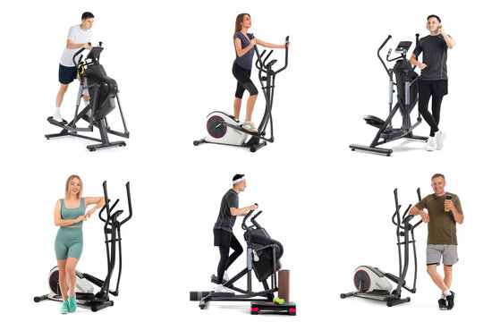 People exercising on elliptical trainers in studio