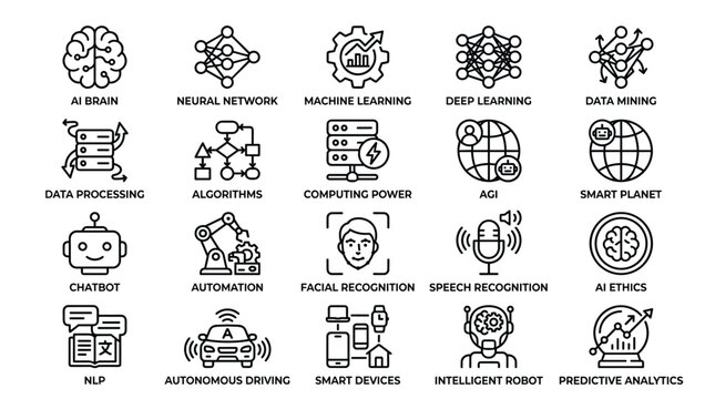 Artificial intelligence and machine learning icon set featuring neural networks data processing algorithms computing power artificial general intelligence ai ethics.
