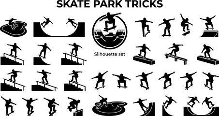 Obraz premium Skate Park Trick Silhouette Set Black White Extreme Bundle Vector Illustration Isolated White Background