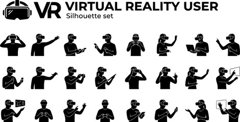 Obraz premium VR Virtual Reality User Silhouette Set Black White Tech Bundle Vector Illustration Isolated White Background