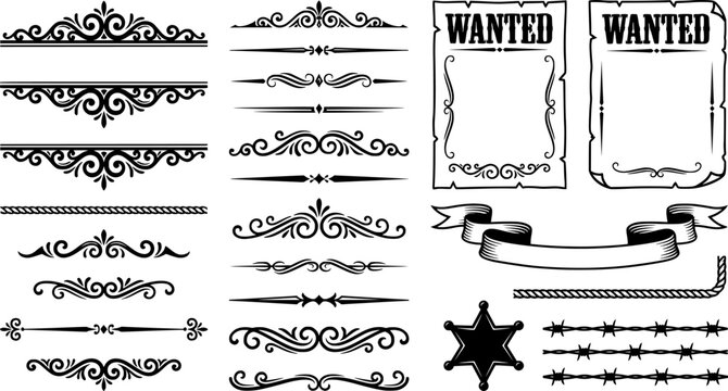 Old Western Design Elements Icon Set Embellishment Borders Divider Lines Scroll Ornate Flourish Wanted Poster Frame Banner Ribbon Rope Border Sheriff Star Barbed Wire Vector