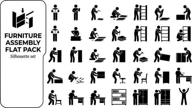 Furniture Assembly Flat Pack Silhouette Set Black White Lifestyle Bundle Vector Illustration Isolated White Background