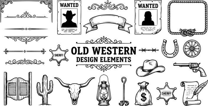 Old Western Design Elements Icon Set Embellishment Borders Divider Lines Scroll Ornate Flourish Wanted Poster Frame Banner Ribbon Rope Border Sheriff Star Barbed Wire Vector