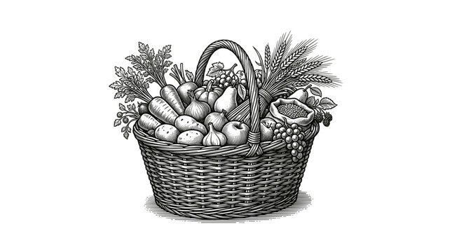Harvest Basket Filled With Assorted Fresh Fruits Vegetables And Grains In Engraving Style