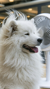 Lustiger flauschiger Samojede-Hund k&uuml;hlt sich bei Sommerhitze vor einem Ventilator im B&uuml;ro ab, wehendes Fell.