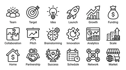 Fototapeta premium Business development icon set. linear pictograms for team, target, idea, launch, growth, funding, collaboration, pitch, and brainstorming.