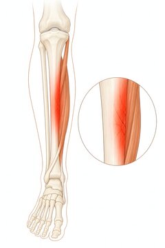 Shin splints medial tibial stress syndrome diagram, sports medicine medical illustration. diagram of shin splints showing tibial stress inflammation zone and muscle attachments. 