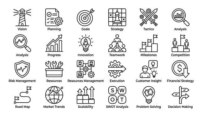 Business strategy icon set including professional planning goals vision tactics analysis progress innovation teamwork milestones competition management and execution.