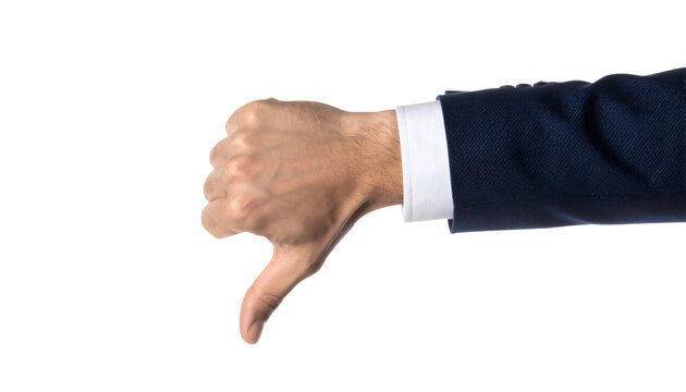 Businessman hand showing thumbs down sign gesture wearing a dark blue suit jacket sleeve&nbsp;