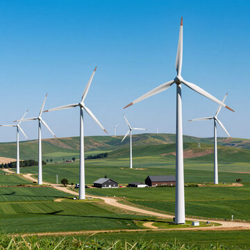 Manga Nature Enviroment. Wind Turbine Farm Generating Renewable Energy Against A Beautiful Nature Landscape