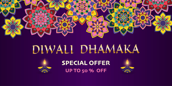 Diwali Dhamaka Sale design template. Advertisement offers, marketing, sale, discount poster. Diwali special offer