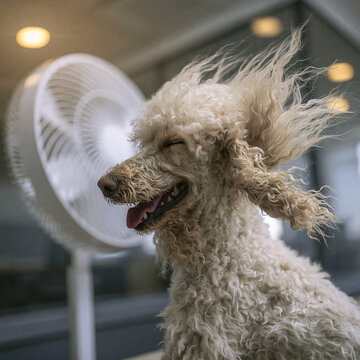 Concept de soulagement de la chaleur : un chien caniche dr&ocirc;le se rafra&icirc;chissant devant un ventilateur au bureau pendant la canicule, poils volant au vent