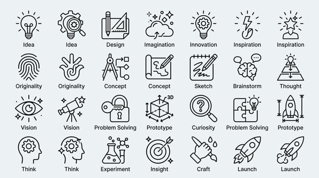 Creative idea generation line icons set showcasing brainstorming, design, imagination, and problem-solving concepts for innovation and vision.