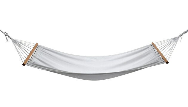 White fabric hammock for relaxing in a garden or at the beach featuring wooden spreader bars and sturdy ropes hanging&nbsp;