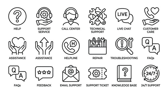 Customer support and help desk icon set featuring assistance technical support live chat call center feedback FAQs email support troubleshooting and knowledge base.
