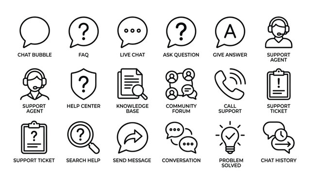 Customer support and help desk line icon set featuring various communication tools for business assistance chat bubbles questions and professional service agents.