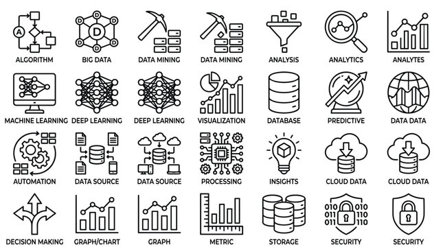 Data analytics and machine learning concept, collection of modern line icons depicting various aspects of digital data processing.