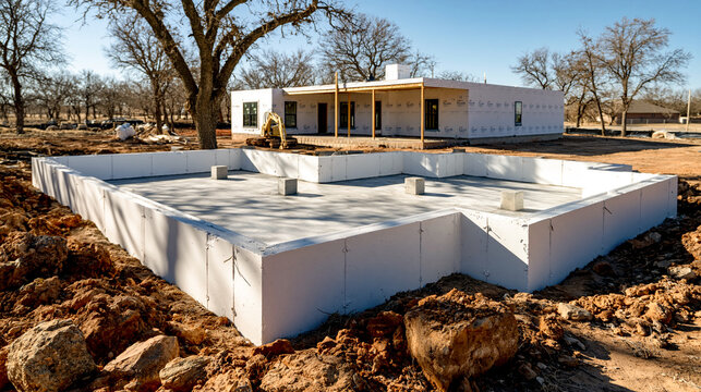 Concrete house foundation constructed with insulated concrete forms ICF on a building site. New residential home construction process, development of energy efficient property