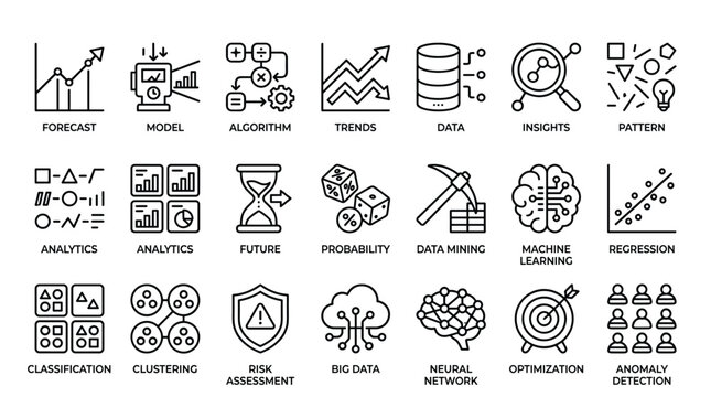 Data science and analytics line icons set including machine learning algorithms predictive trends big data mining artificial intelligence and statistics visual.
