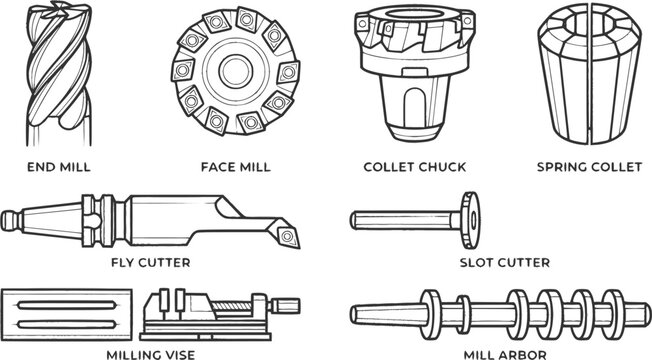 Industrial milling cutters and machining tooling parts vector icons