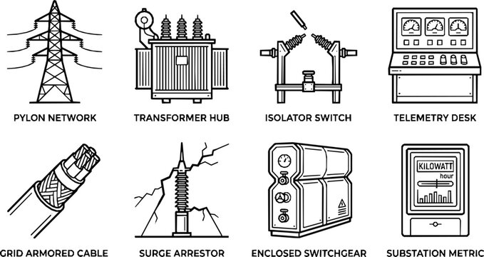 Electrical power grid infrastructure and components icons set with electricity