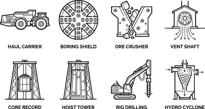 Mining industry machinery and extraction process vector icons with machinery