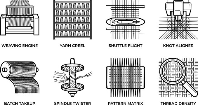 Textile industry weaving machines and fabric production equipment icons