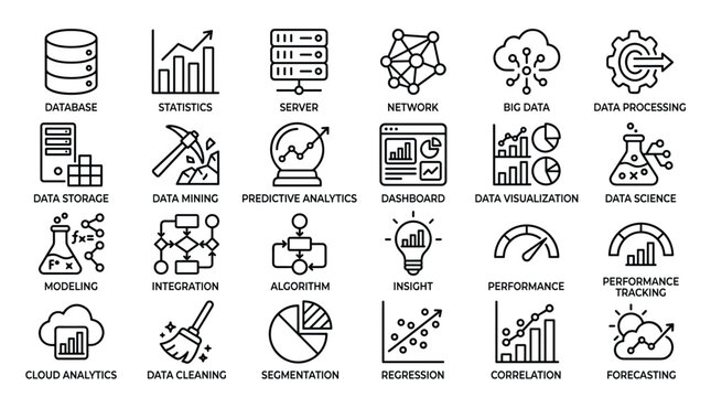 Data science and predictive analytics icon set illustrating server infrastructure modeling mining and statistical correlation for advanced machine learning tasks.