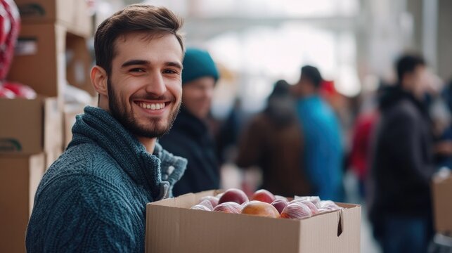 charity, donation and volunteering concept .Happy smiling male volunteer with food in box and international group of people at distribution or refugee assistance center