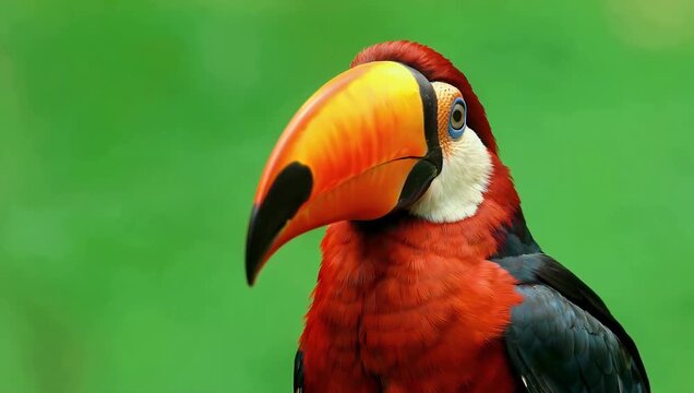 Outstanding high definition 4K studio recording of a glorious scarlet macaw looking straight into the lens isolated against a bright green screen background to highlight its intensely colorful