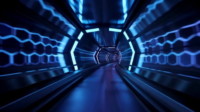 Futuristic sci-fi tunnel with glowing blue neon lights fast flythrough