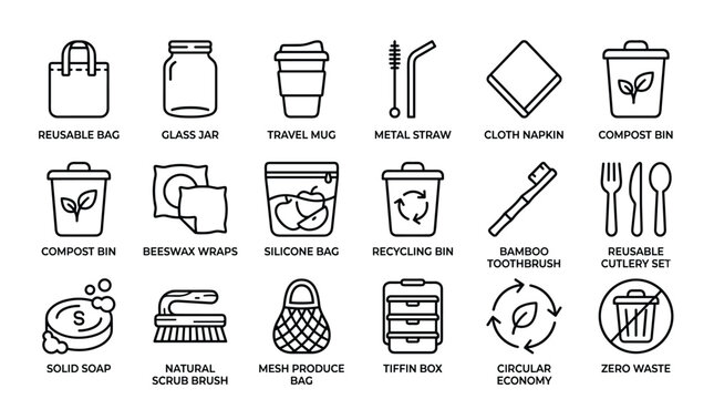 Eco friendly line icons set featuring sustainable living objects like reusable bag glass jar metal straw compost bin recycling bin and bamboo toothbrush for nature.