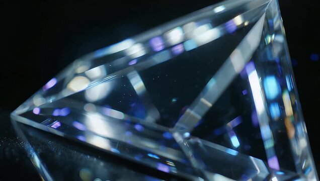 Ultra 4K tilt up close up of glass prism with blurred light refractions dark space capturing color dispersion reflection abstract visual elegance artistic educational stock 