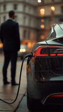 Refueling for cars e-mobility. Charging an electric car at hybrid engine gasoline and electricity. Sunlight as an electric renewable energy concept