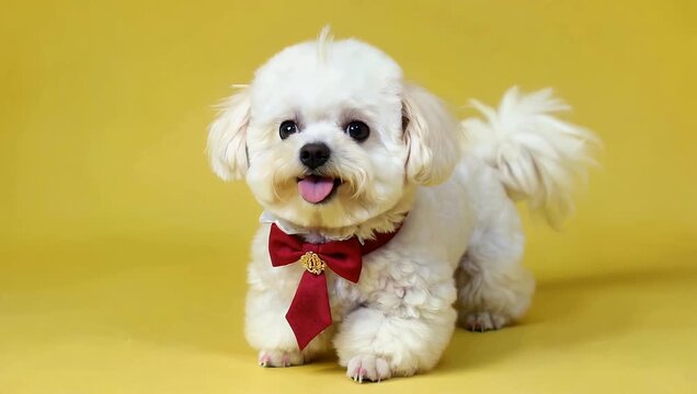 4K footage of an adorable poodle wearing bowtie on bright yellow background capturing playful personality fur texture cheerful aesthetic pet lifestyle cute animal stock 