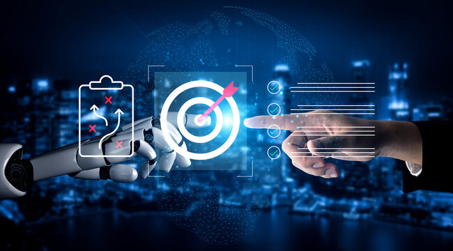 A futuristic robot arm reaching towards a target with a human finger in a digital interface, symbolizing technology and precision in a modern urban environment. Cyphers