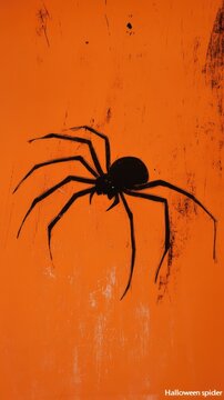 A creepy Halloween spider crawling on a bright orange background. This sinister arachnid captures the eerie, haunted vibe of Halloween night, evoking fear, horror, and all things spooky.