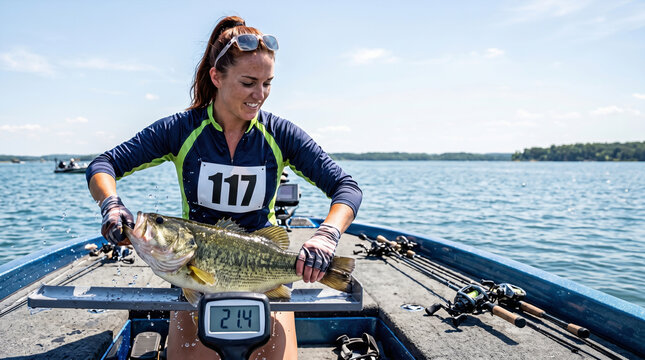 Smiling woman in tournament jersey measuring large bass fish on boat deck during competitive fishing event. Men hobbies of fishing. Professional sport Angling with copy-space.