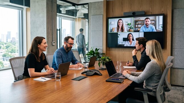 Diverse team collaborates in modern office during video conference meeting with remote colleagues
