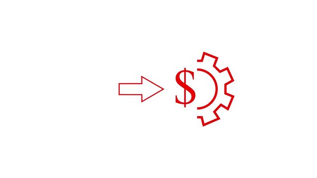 Red Minimalist Financial Management Icon  - Arrow Pointing at Dollar Sign and Rotating Gear on White Background. Abstract Financial System Icon - Animation  Gear, Dollar Symbol, and Arrow Loop