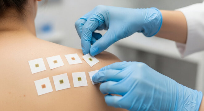 Allergy patch test on patient back skin performed by doctor wearing blue medical gloves in a clean clinical environment