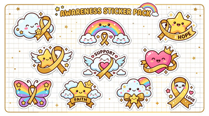 Fototapeta premium Collection of colorful awareness stickers featuring rainbow, heart, star, butterfly, and smiley designs