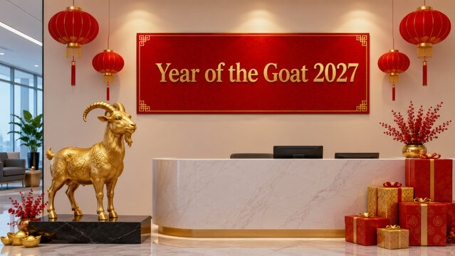 Elegant Office Reception Decorated for Chinese New Year 2027 Featuring Golden Goat Statue, Red Lanterns, Festive Gift Boxes, and Traditional Lunar New Year Holiday Celebrations
