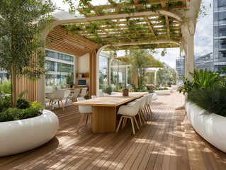 Fototapeta premium Modern outdoor office rooftop terrace with biophilic design