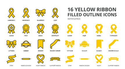 Fototapeta premium Collection of 16 yellow ribbon filled outline icons for awareness campaigns and decoration