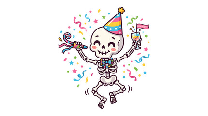 Fototapeta premium Cute cartoon skeleton celebrating birthday with party hat and confetti